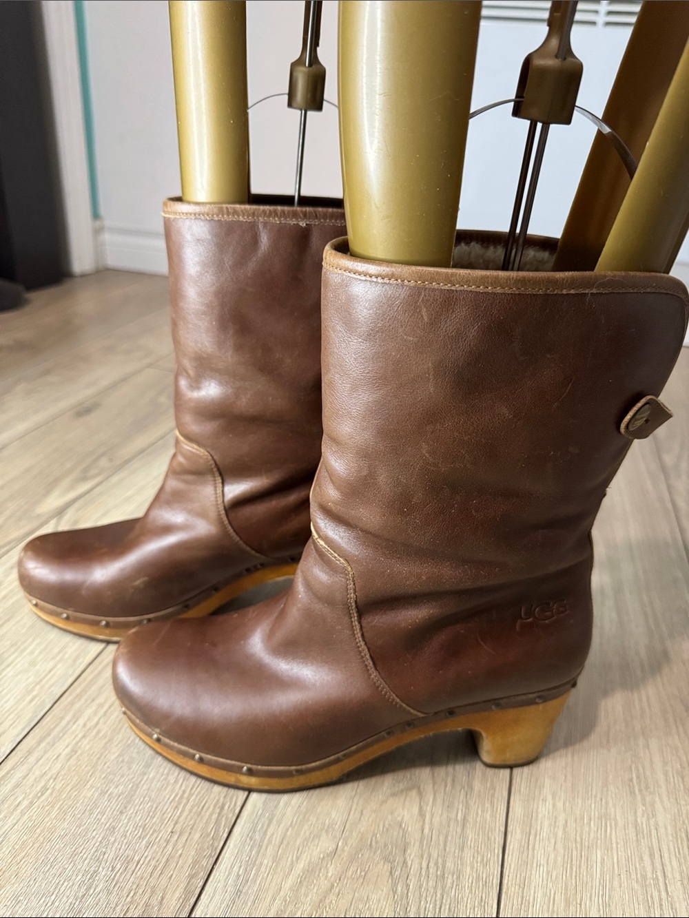 UGG Brown Leather Mid-Calf Clog Heeled Boots